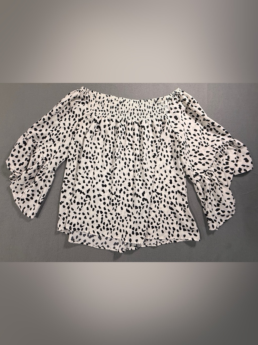Smocked Off-Shoulder Black and White Dot Blouse